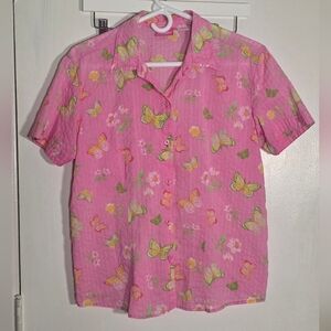 Pappagallo Pink Butterfly Floral Print Women's Button Shirt